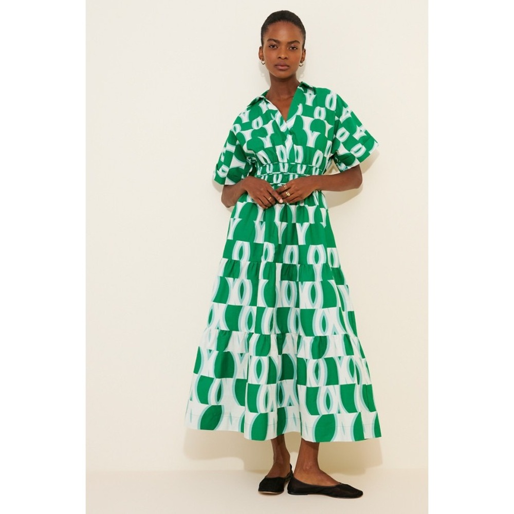 Anthropologie Green Geometric Abstract Tiered Smocked Midi Dress Size MP Cotton